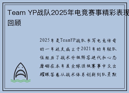 Team YP战队2025年电竞赛事精彩表现回顾